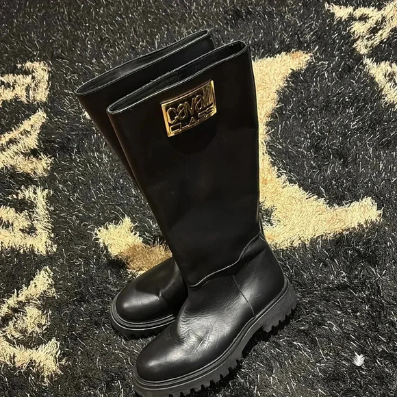 Cavalli Class Black  Knee high Calf skin Leather Combat Boots Sz 8 - Picture 9 of 17